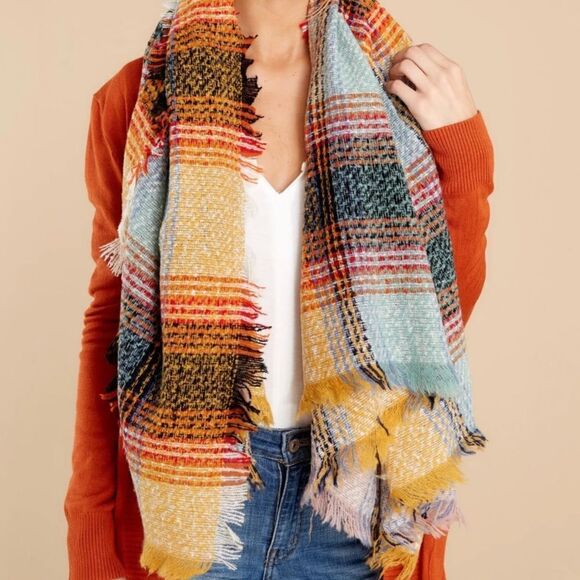 Yellow Brown Multi Knit Blanket Scarf Plaid - Picture 1 of 8